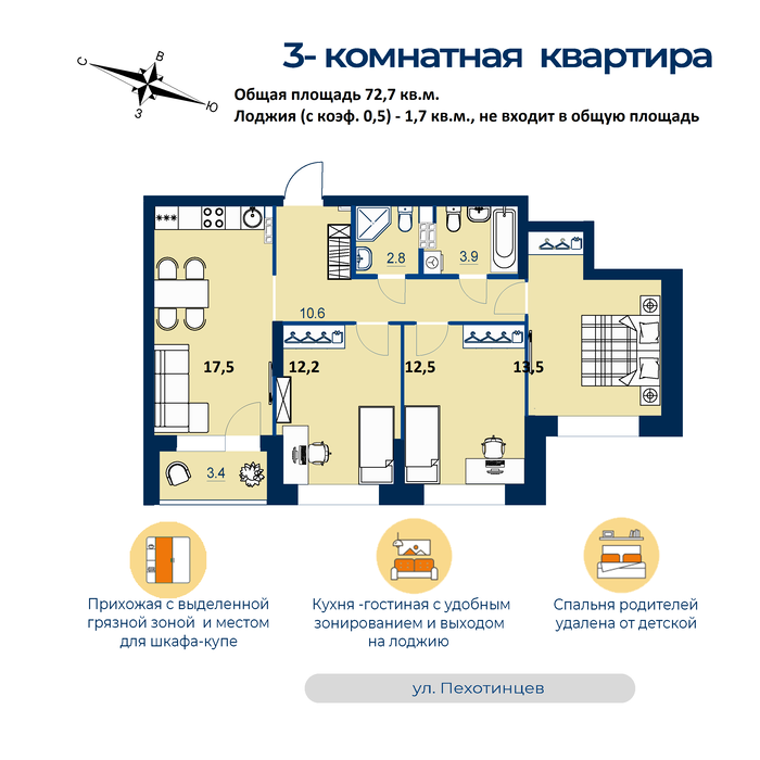 Екатеринбург, ул. Пехотинцев, 2Ак1, ЖК Эстель (Дом) (Новая Сортировка) - фото квартиры